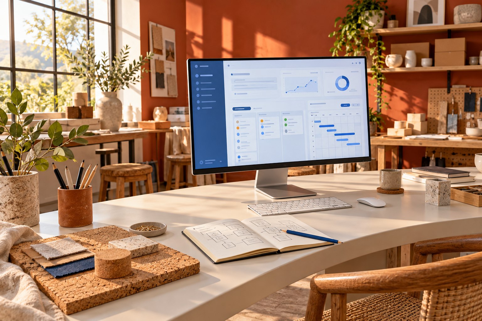 A custom operations dashboard on a desktop monitor beside workflow sketches in a sunlit terracotta and cream workshop.
