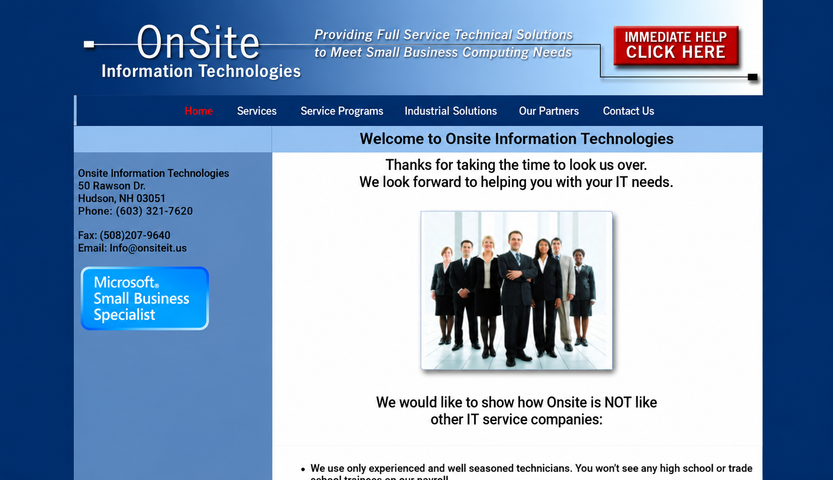 Original Onsite IT homepage with a narrow blue layout, small text, sidebar contact details, and staff photograph.
