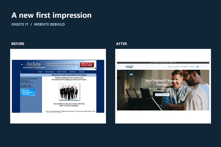 Actual screenshots comparing the original Onsite IT website with its rebuilt homepage.