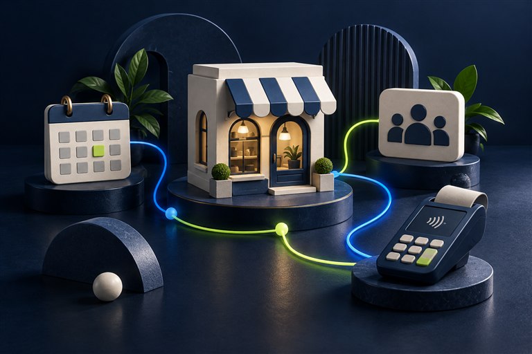 A miniature storefront connected to calendar, customer record, and payment symbols by blue and lime paths on a navy background.