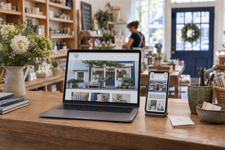 Laptop and phone displaying a local shop website on a sunlit shop counter.