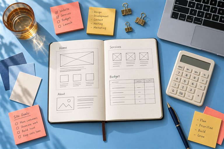 Overhead view of a website planning notebook, cream calculator, and colorful notes on a blue table.