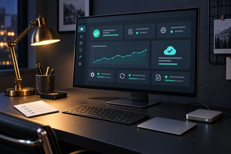 Website health dashboard on a desktop monitor at a charcoal desk lit by a brass task lamp.